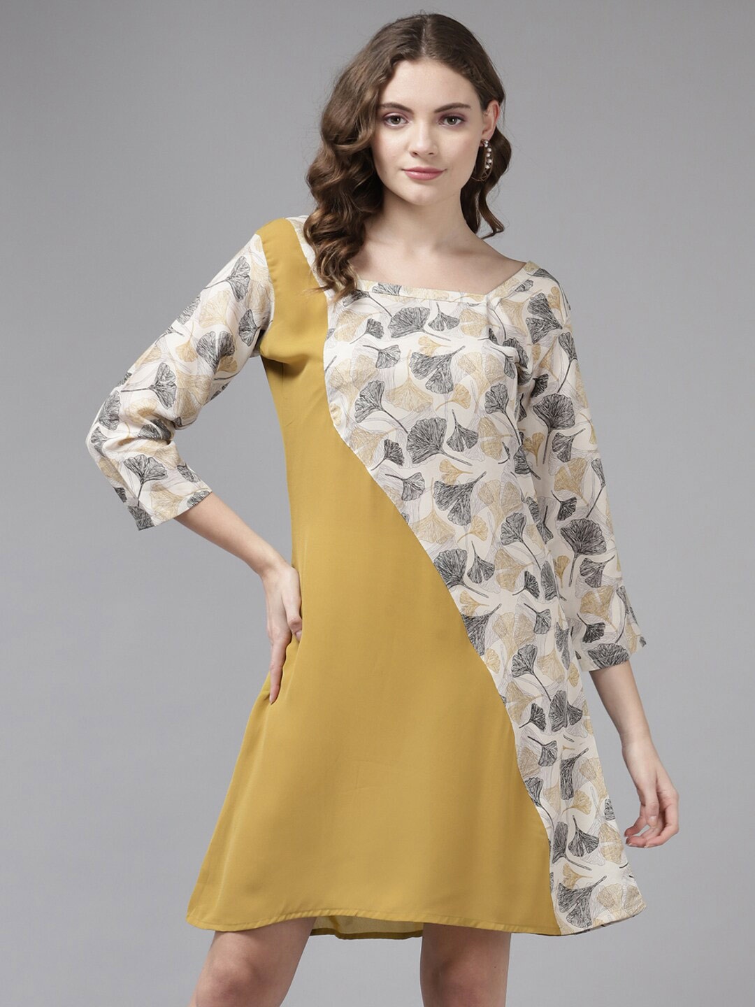 

BAESD Floral Printed Square Neck A-Line Dress, Mustard