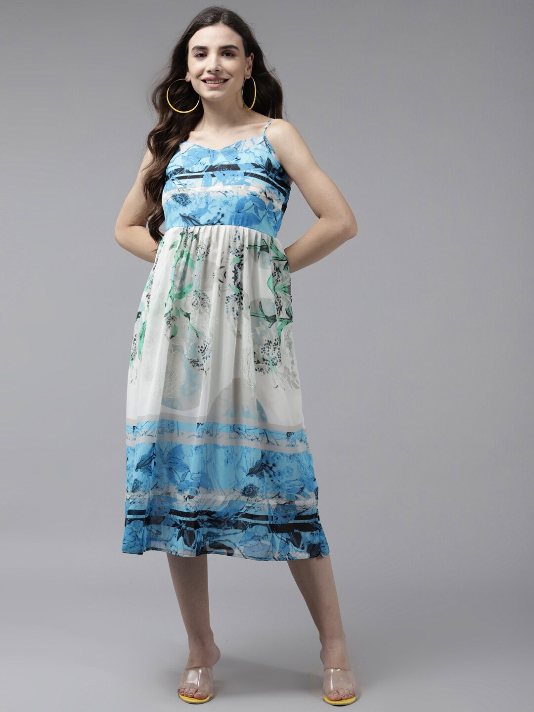 BAESD Floral Print Georgette Empire Midi Dress, Blue