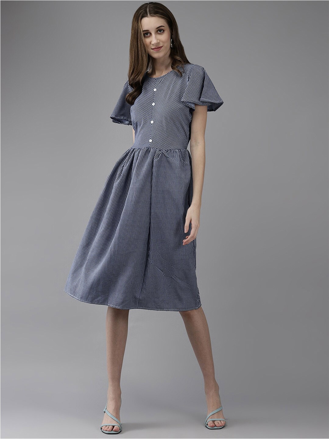 

BAESD Checked Flared Sleeve Fit & Flare Dress, Blue