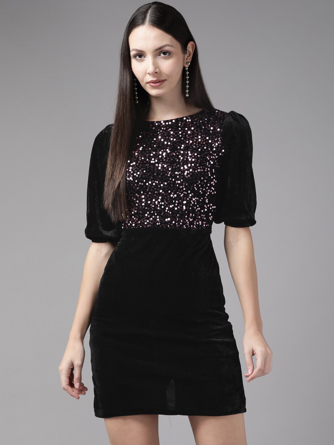 

BAESD Embellished Sequinned Puff Sleeves Velvet Sheath Dress, Pink