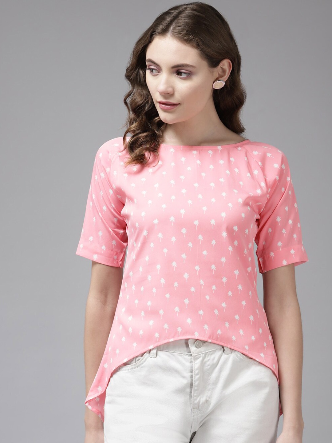 

BAESD Conversational Printed Raglan Sleeve High-Low Top, Pink