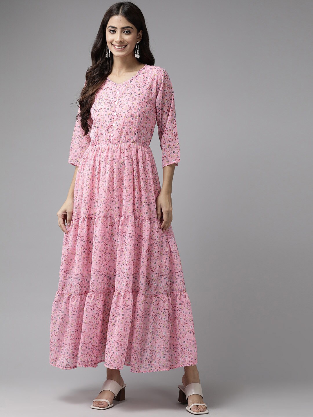 

BAESD Ethnic Motifs Print Georgette Maxi Dress, Pink