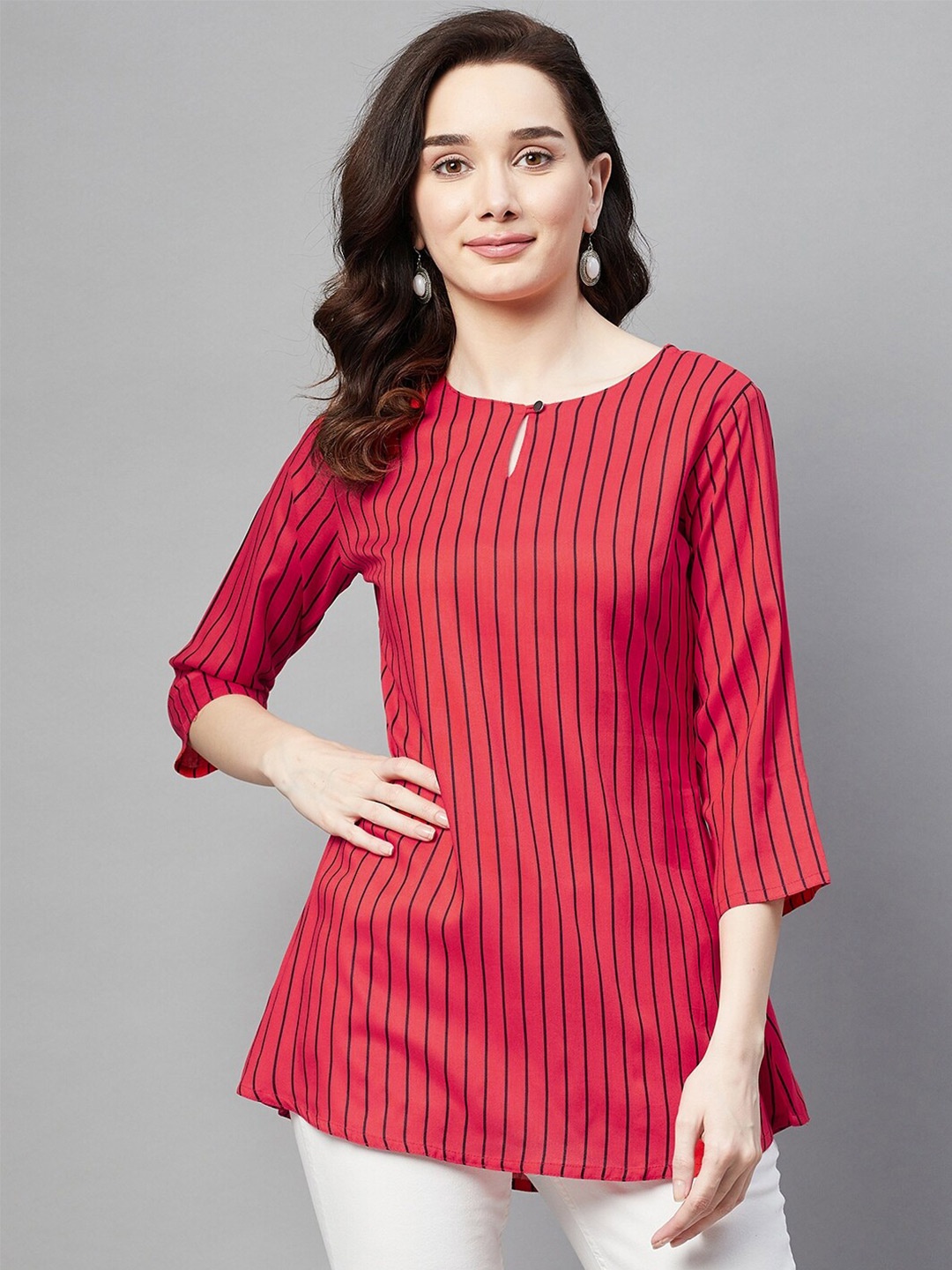 

BAESD Striped Keyhole Neck Cotton A-Line Top, Red