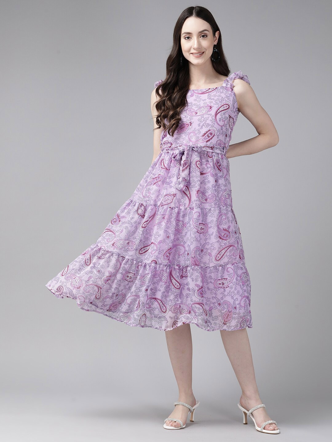 

BAESD Floral Printed Shoulder Straps Belted Georgette A-Line Dress, Lavender
