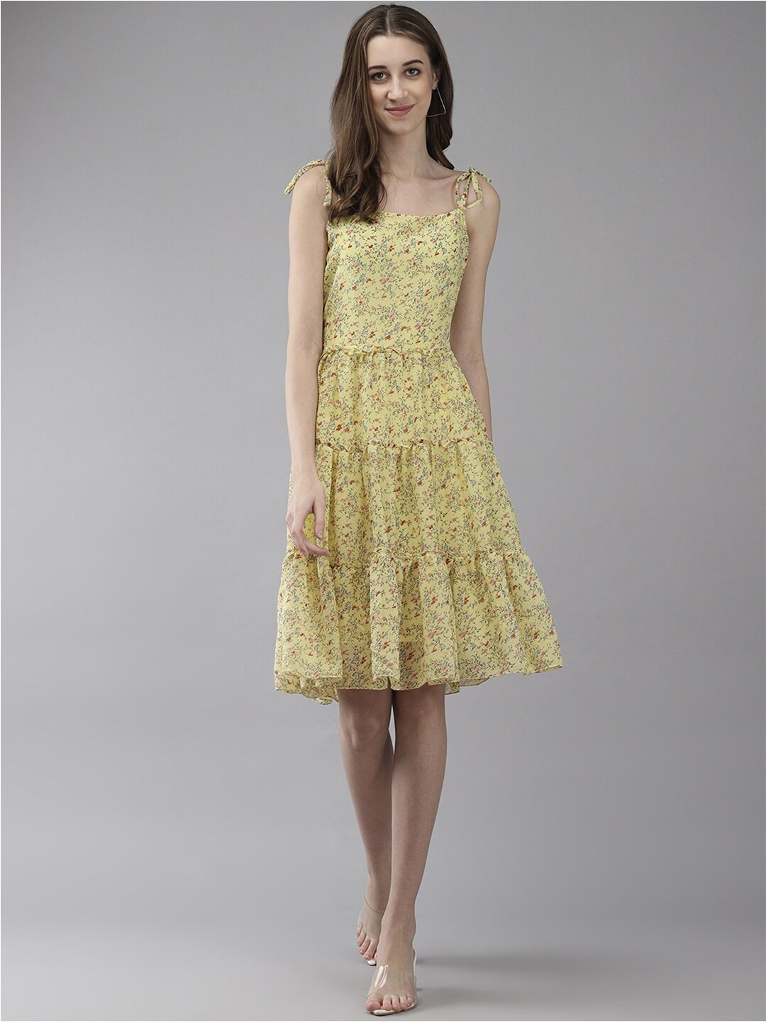 BAESD Floral Print Georgette Fit & Flare Dress, Yellow