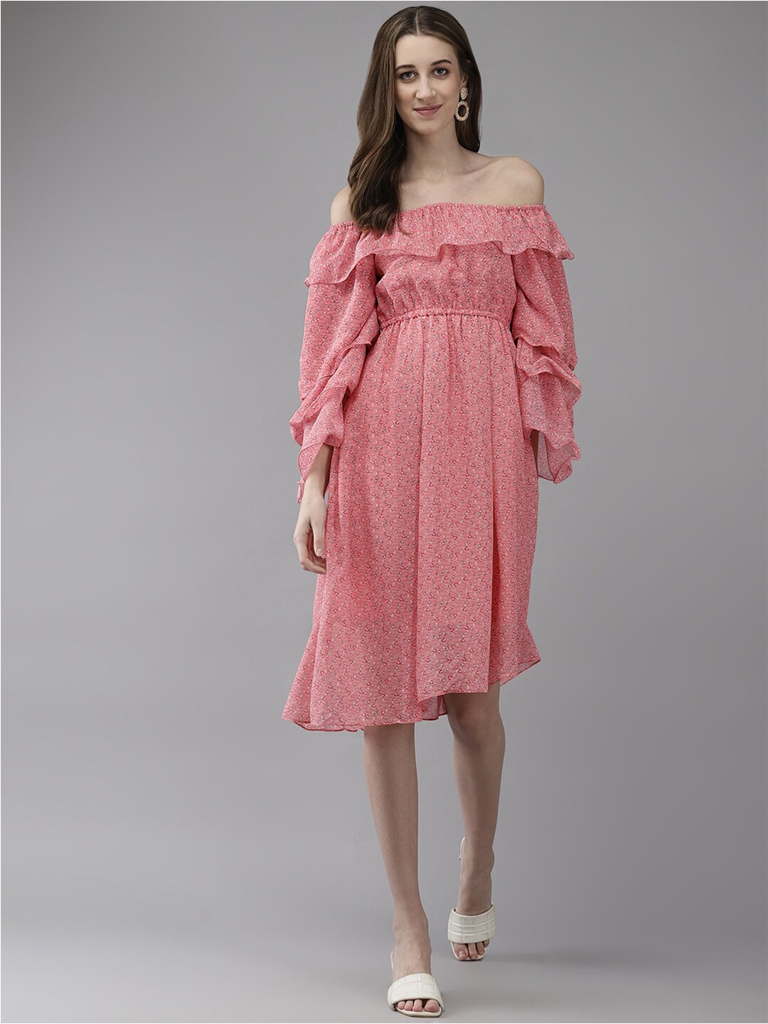 

BAESD Floral Printed Flared Sleeves Off Shoulder Georgette Fit & Flare Dress, Pink