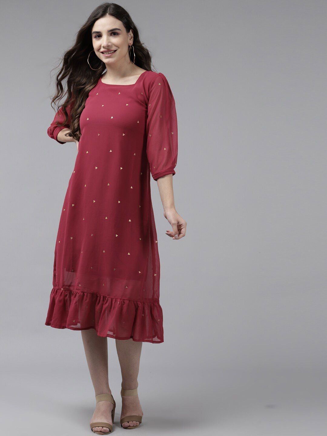 

BAESD Conversational Printed Puff Sleeve A-Line Midi Dress, Maroon