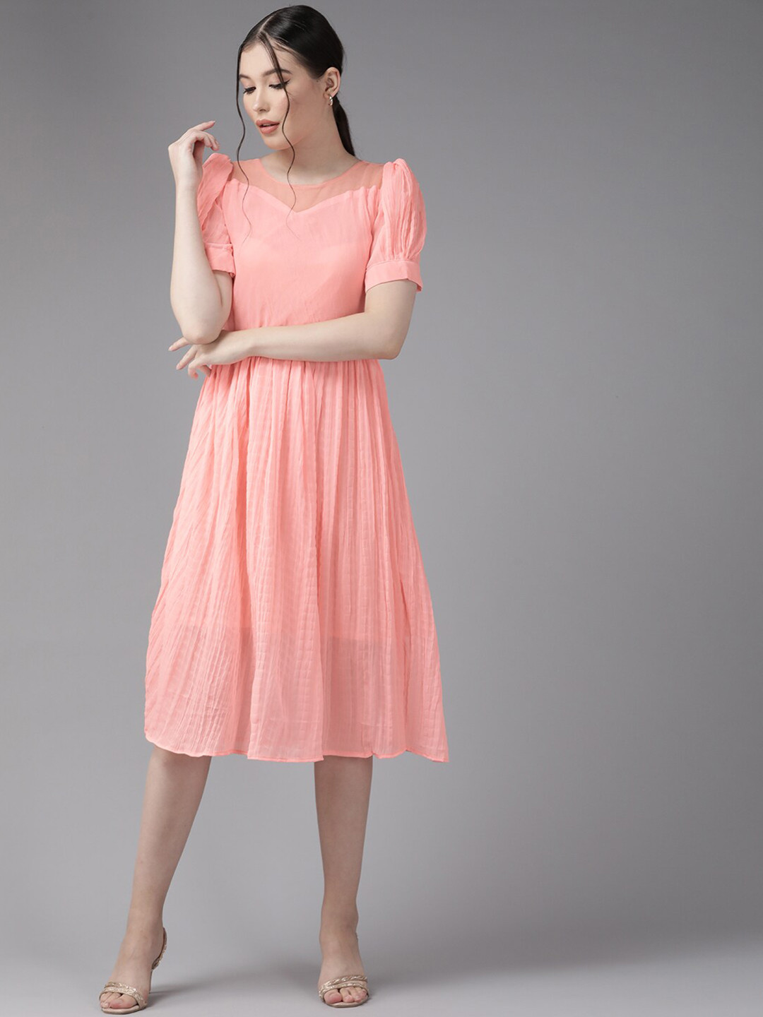 

BAESD Striped Puff Sleeve Georgette Fit & Flare Midi Dress, Peach