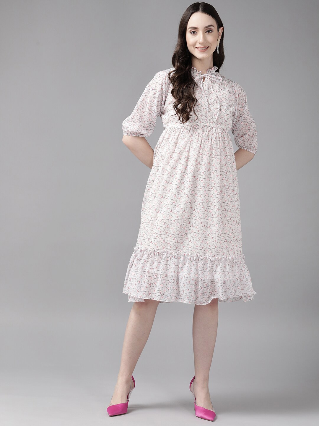 

BAESD Floral Printed Tie-Up Neck Puff Sleeves Georgette A-Line Dress, White