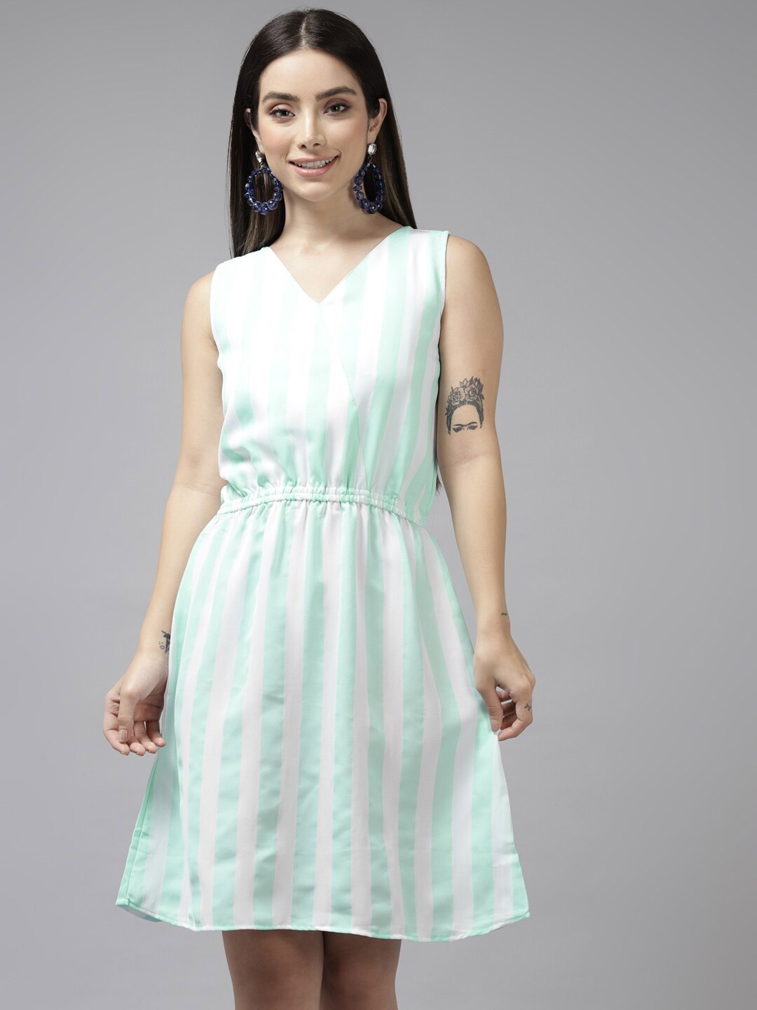 

BAESD Striped V-Neck Fit & Flare Dress, Turquoise blue