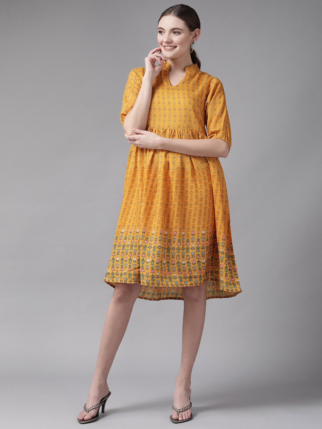

BAESD Floral Printed Georgette Fit & Flare Dress, Yellow