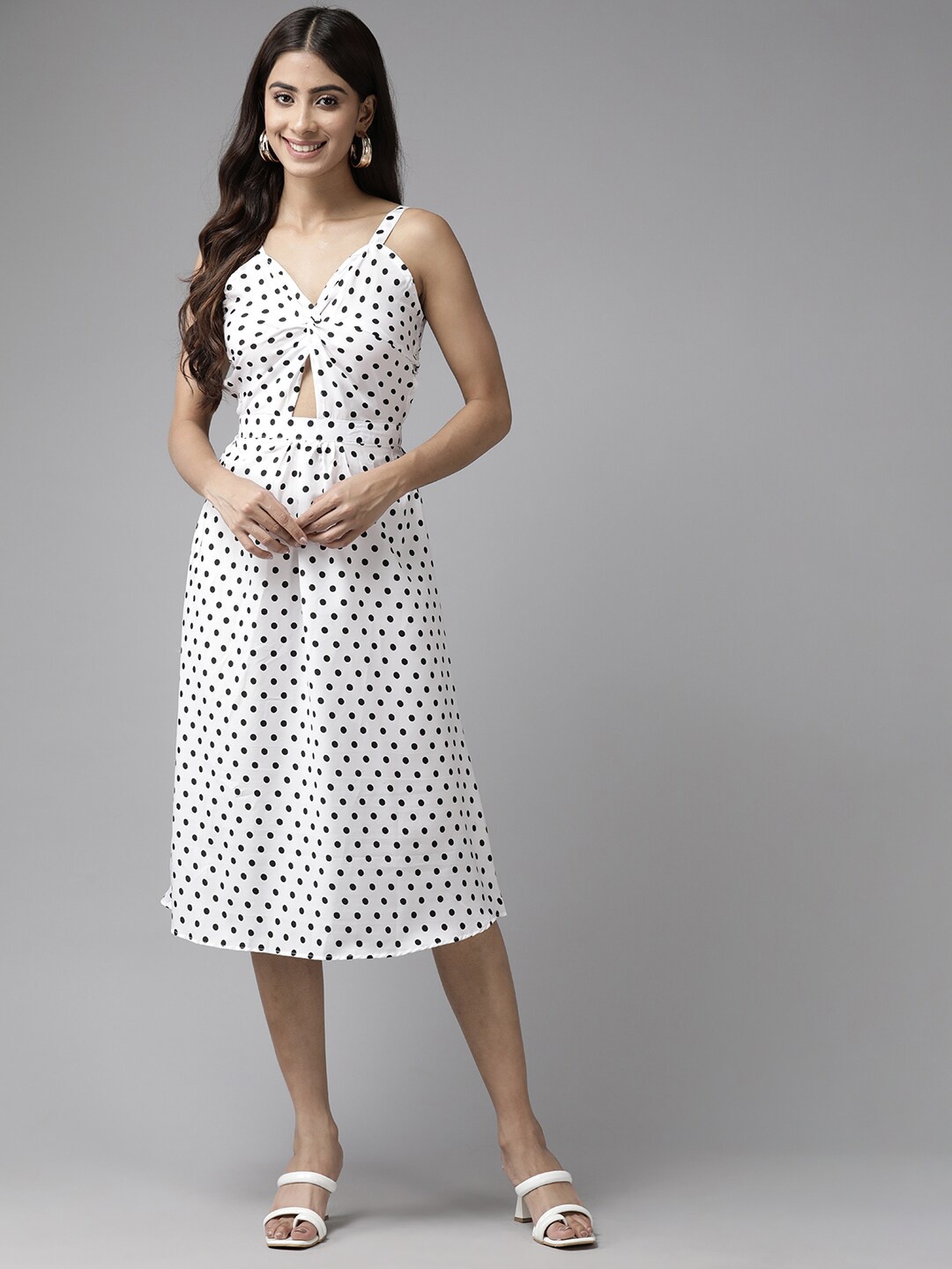 

BAESD Polka Dot Printed Cut Outs A-Line Dress, White