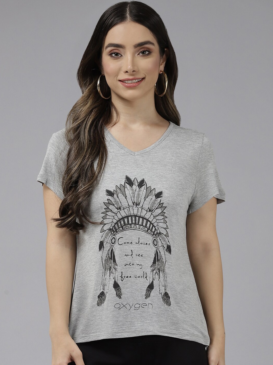

BAESD Printed V-Neck Cotton Top, Grey
