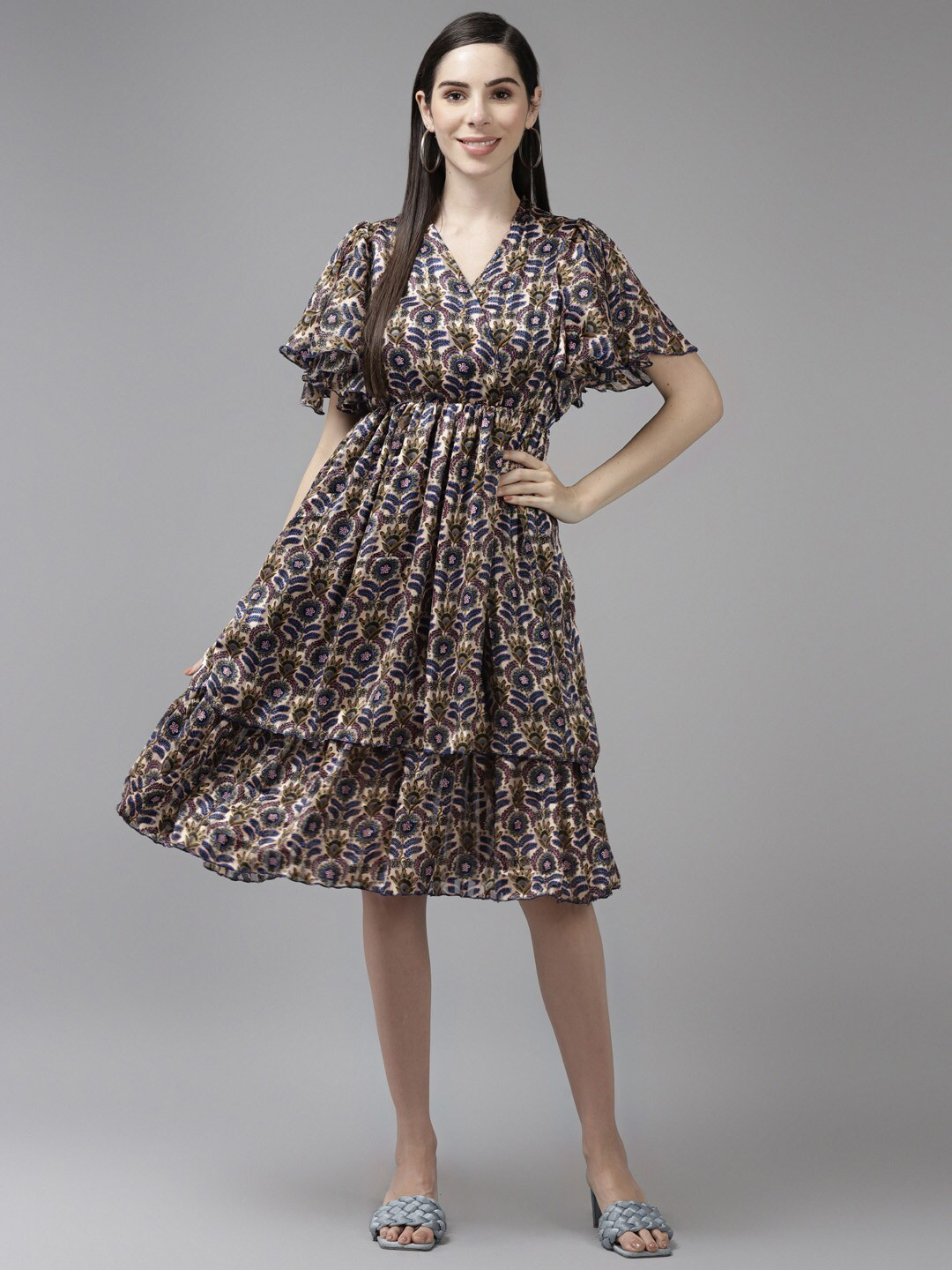 

BAESD Floral Printed Flared Sleeve Fit & Flare Dress, Beige