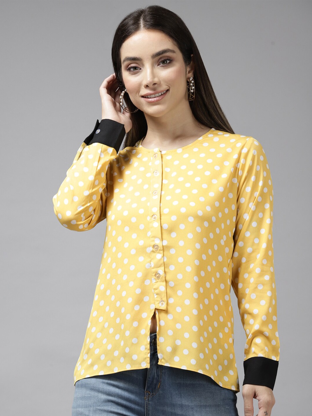 

BAESD Polka Dots Printed Cuffed Sleeves Top, Yellow