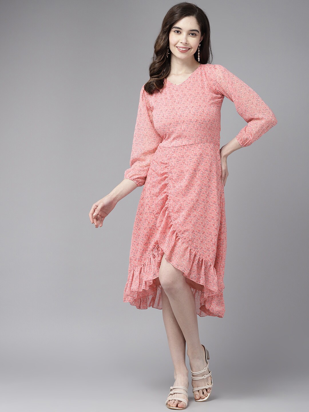 

BAESD Floral Printed Puff Sleeves Georgette A-Line Midi Dress, Pink