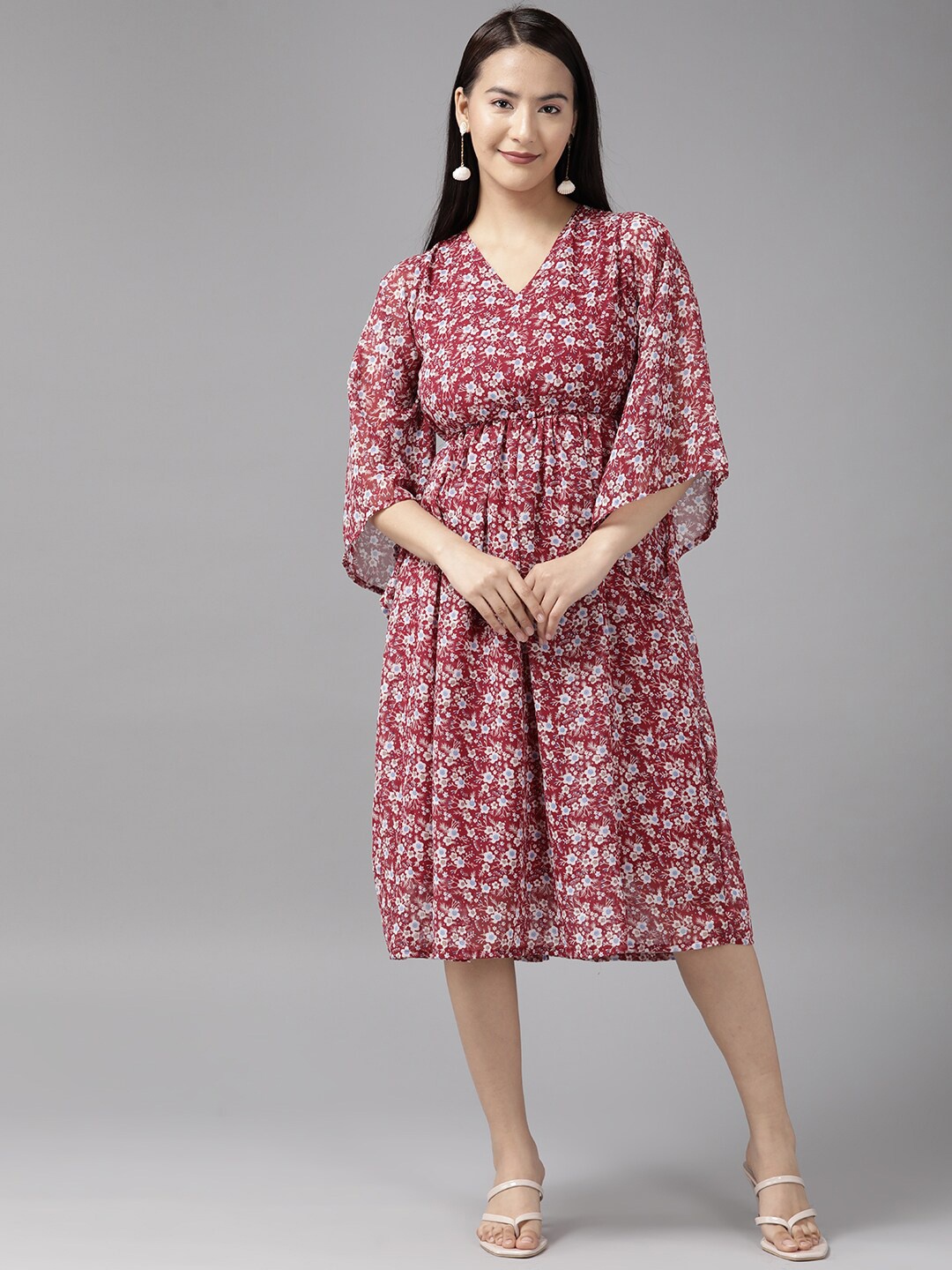 

BAESD Floral Printed Flared Sleeves Gathered Georgette Fit & Flare Dress, Maroon