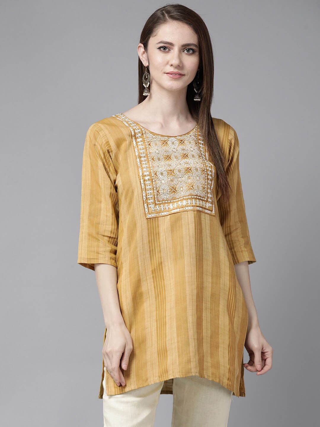 

BAESD Ethnic Motifs Embroidered Pure Cotton Kurti, Yellow