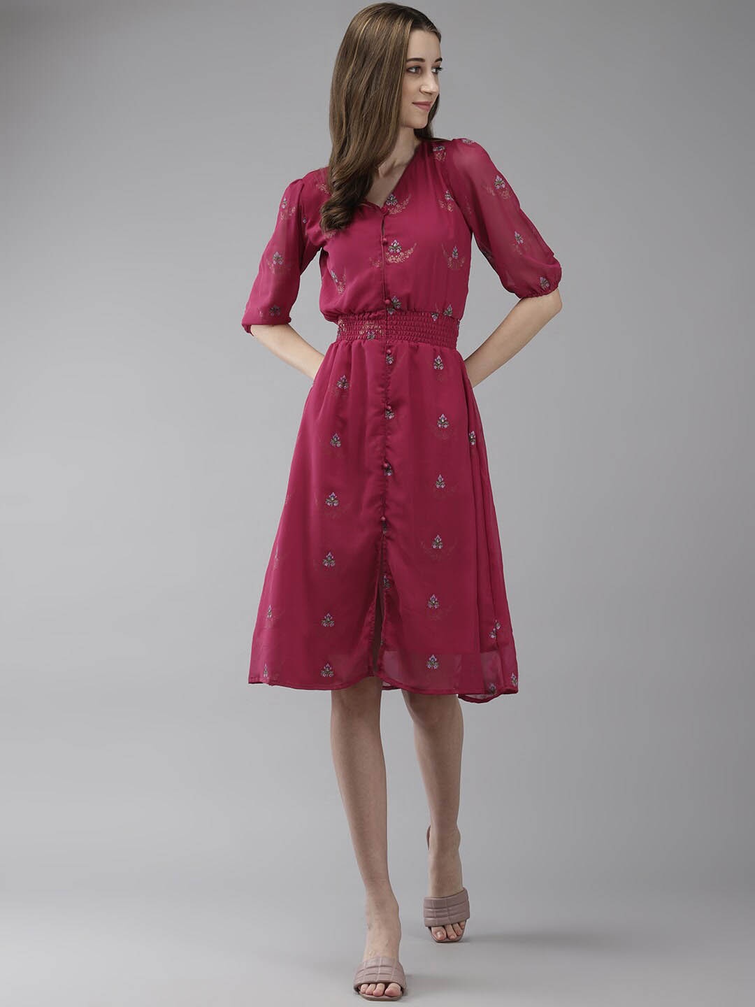 

BAESD Floral Printed Smocked Georgette A-Line Dress, Pink