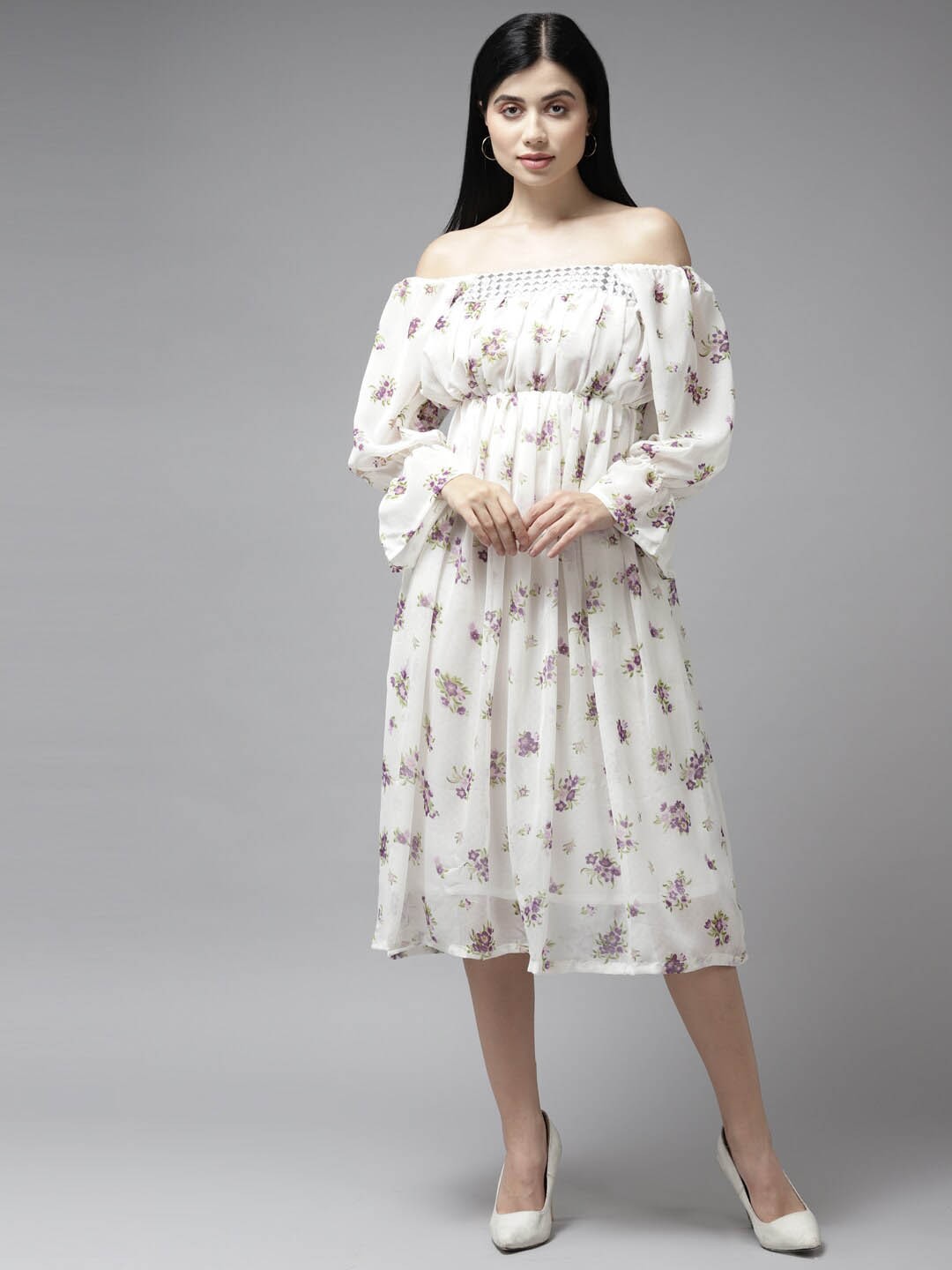 

BAESD Floral Printed Off-Shoulder bell Sleeves Smocked Georgette Fit & Flare Midi Dress, White