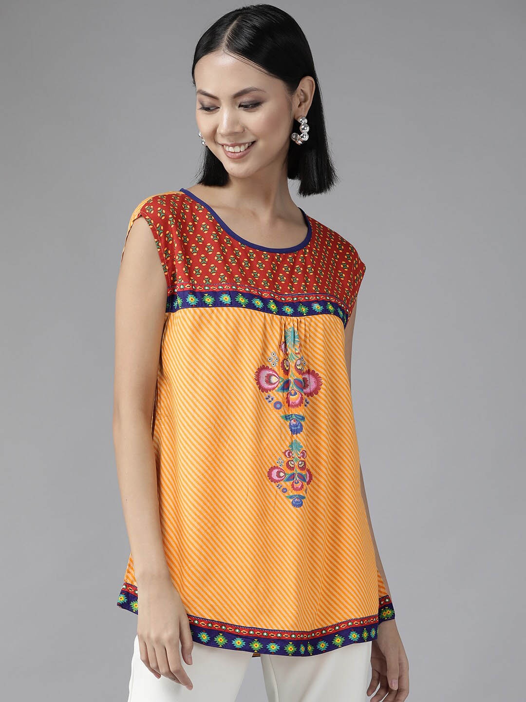 

BAESD Ethnic Motifs Printed A-Line Cotton Top, Yellow