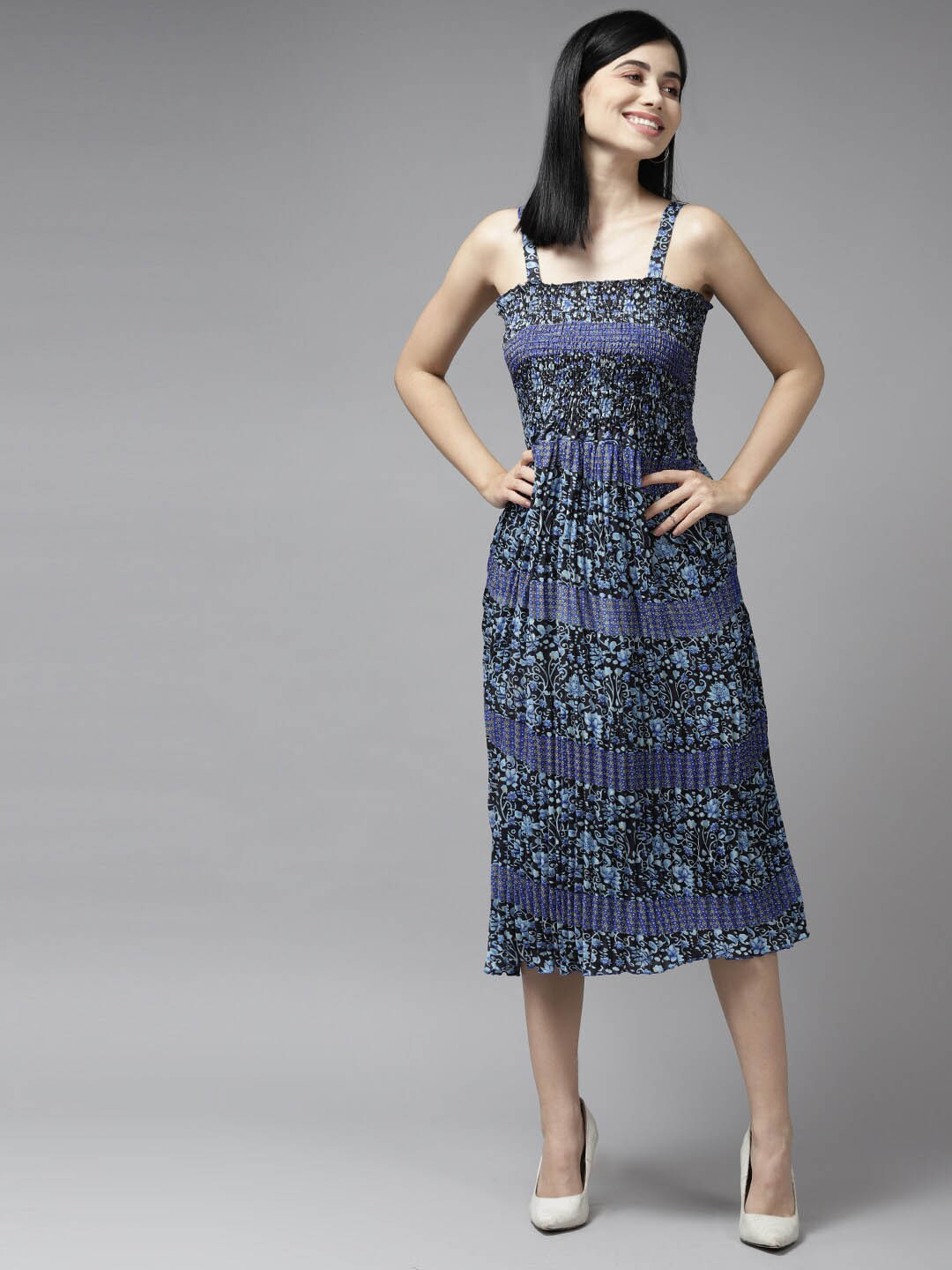 

BAESD Floral Printed Shoulder Straps Smocked Georgette A-Line Midi Dress, Blue