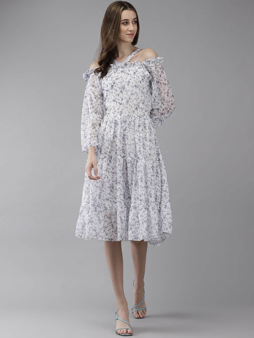 

BAESD Floral Printed Off-Shoulder Layered Georgette Fit & Flare Midi Dress, White