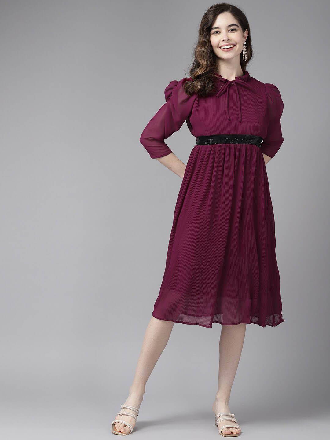 

BAESD Puff Sleeves Embellished Georgette A-Line Midi Dress, Purple