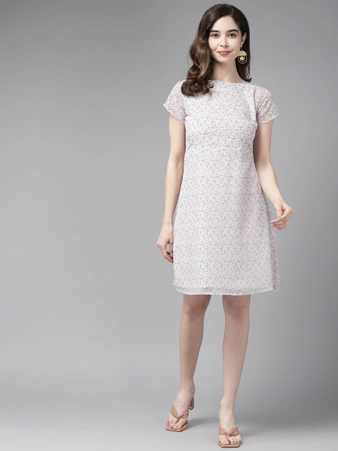 

BAESD Floral Printed Georgette A-Line Dress, White