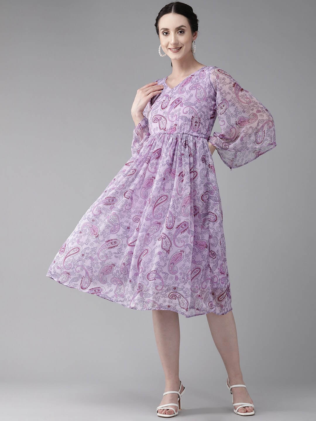 

BAESD Ethnic Motifs Printed Puff Sleeves Georgette Fit & Flare Midi Dress, Purple