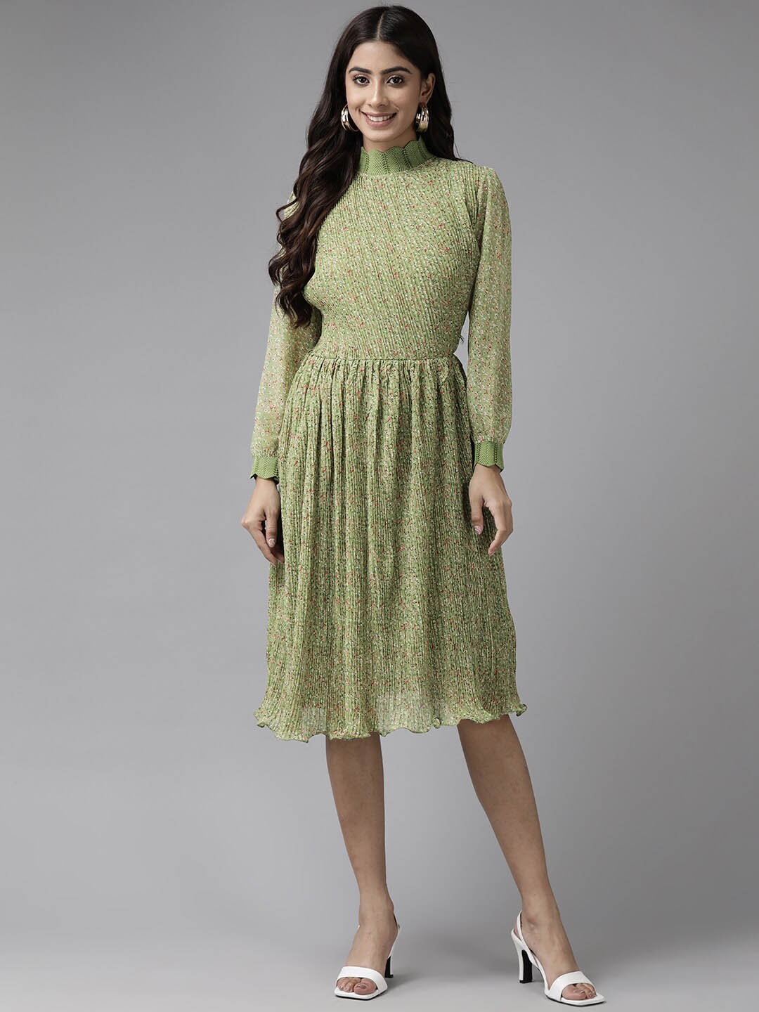 

BAESD Floral Printed High Neck Tie-Ups Fit and Flare Midi Dress, Green