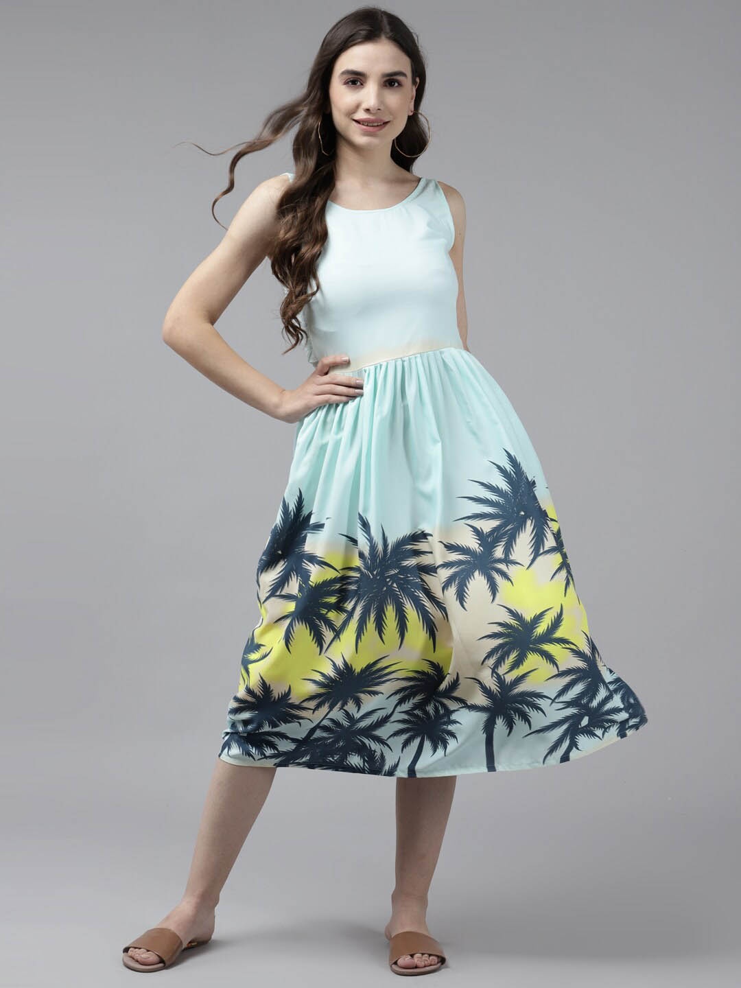 

BAESD Tropical Printed Georgette Fit & Flare Midi Dress, Green