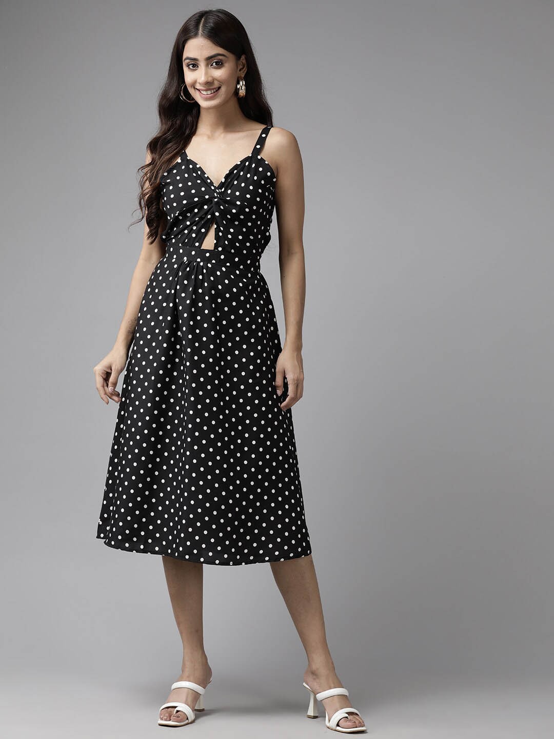 

BAESD Polka Dot Printed Cut-Outs Fit and Flare Midi Dress, Black