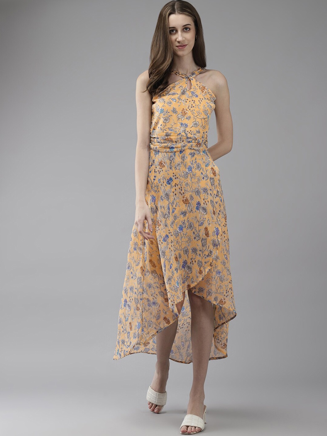 

BAESD Floral Printed Pleated A-Line Dress, Yellow