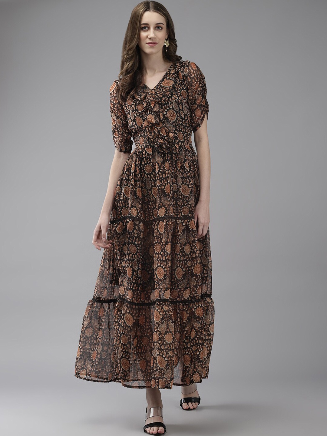 

BAESD Floral Printed Puff Sleeve Ruffles Maxi Dress, Black