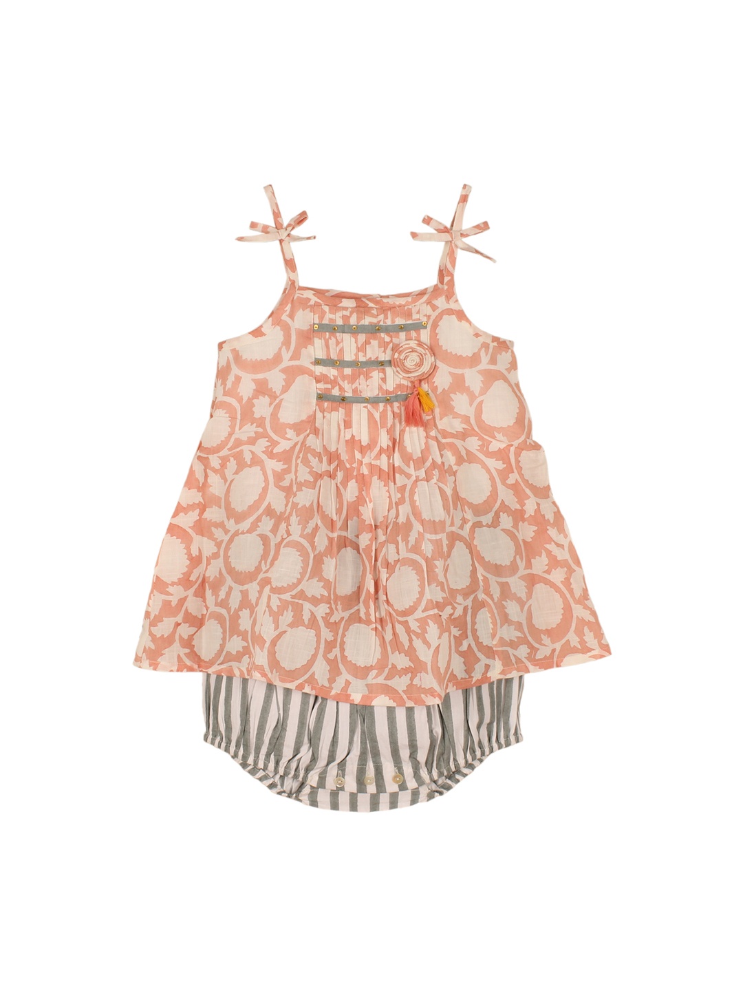 

My Little Lambs Kids Beige & Orange Printed & Striped Layered Rompers