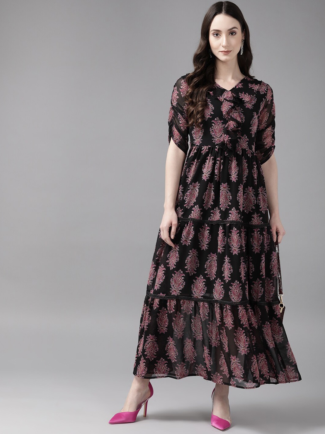 

BAESD Floral Printed Georgette Maxi Dress, Black