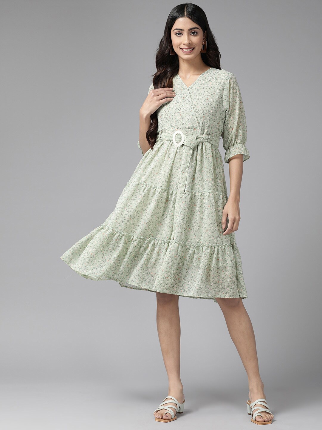 

BAESD Floral Printed Georgette Tired A-Line Dress Comes With A Belt, Green