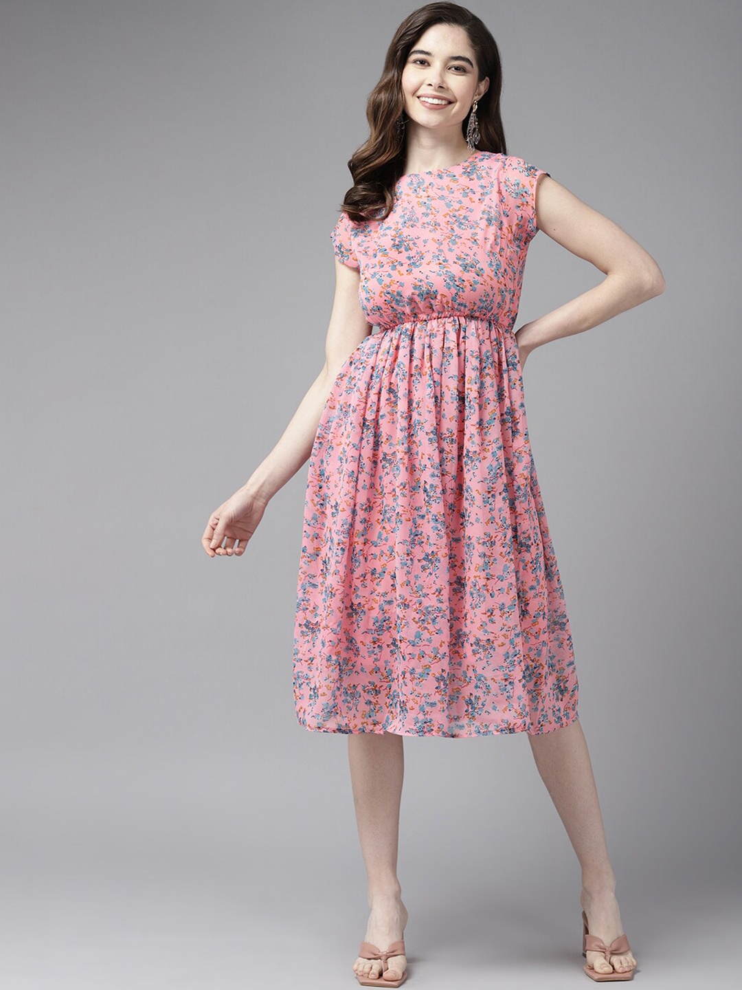 

BAESD Floral Printed Georgette Blouson Dress, Peach