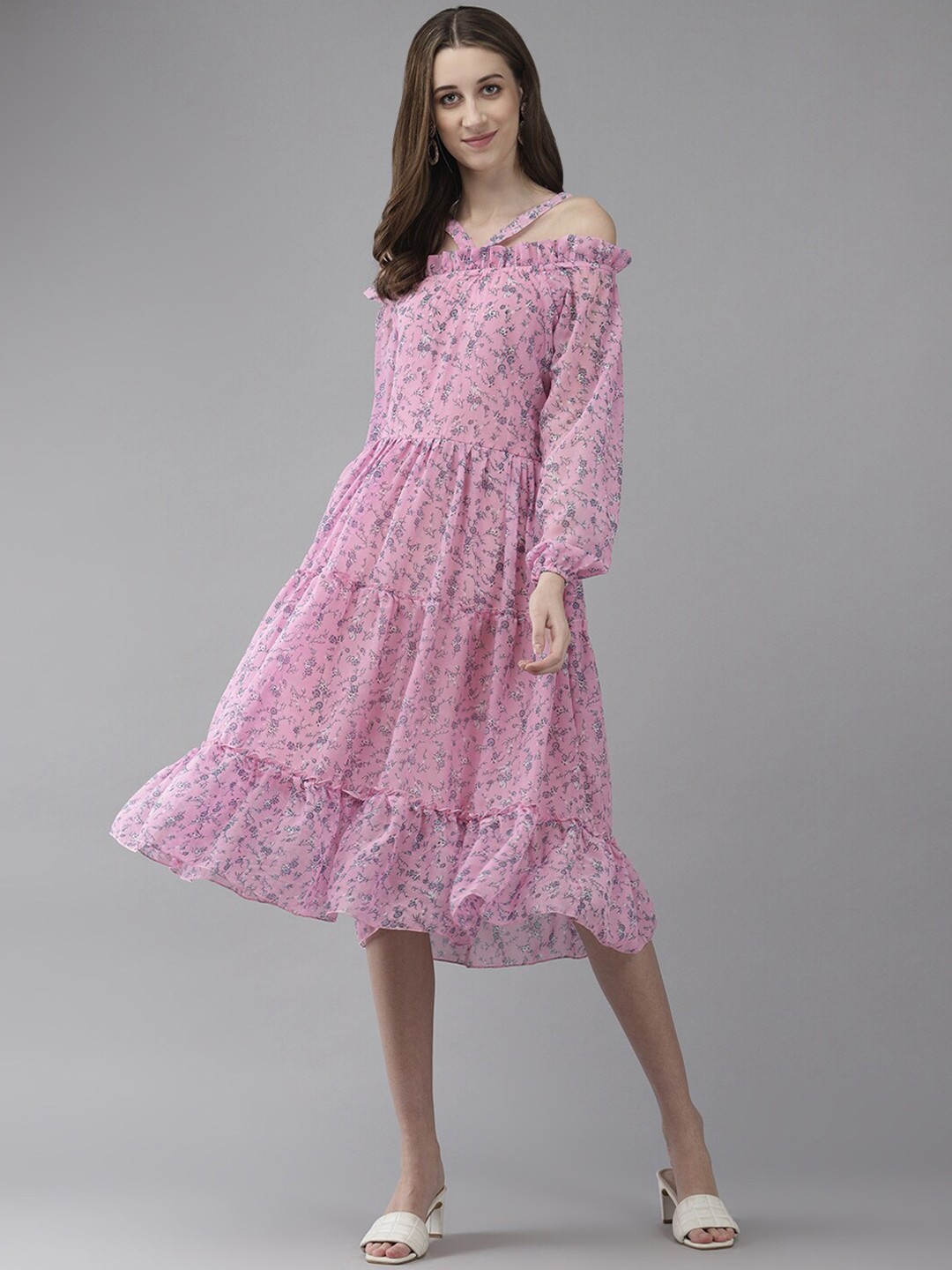

BAESD Floral Printed Tiered A-line Dress, Pink