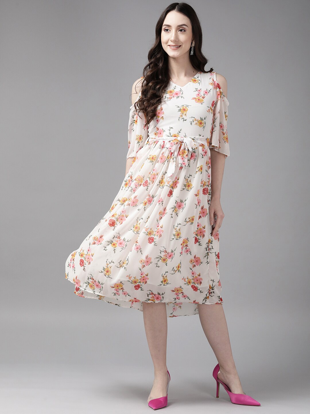 

BAESD Floral Printed V-Neck Cold-Shoulder Sleeves Fit and Flare Midi Dress, White