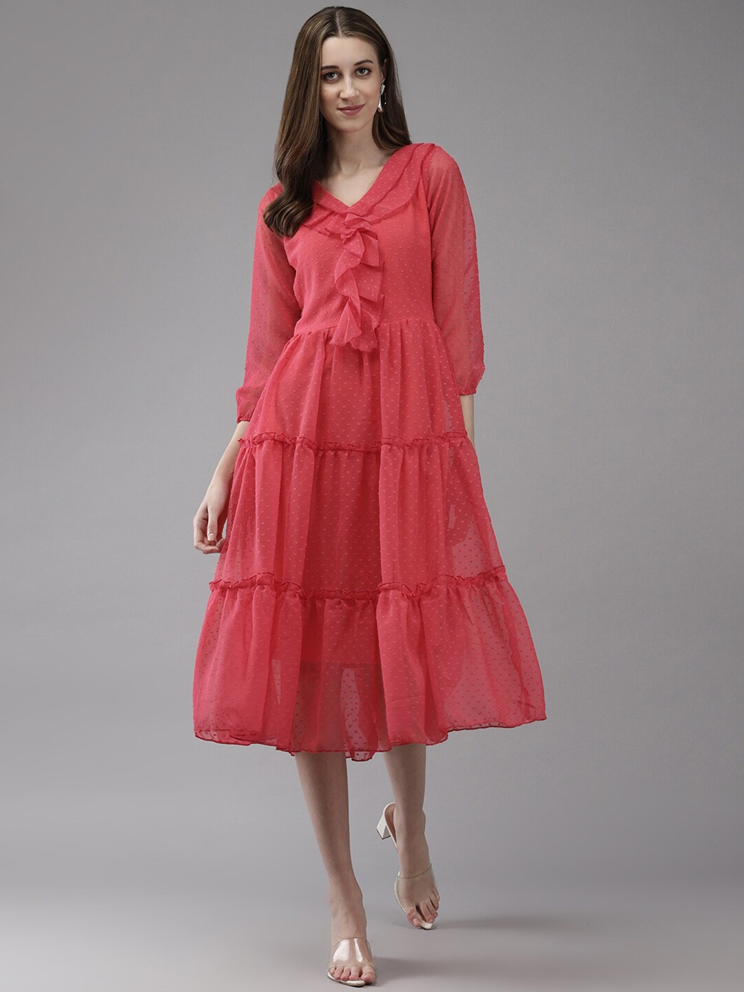 

BAESD Puff Sleeve Georgette A-Line Midi Dress, Red