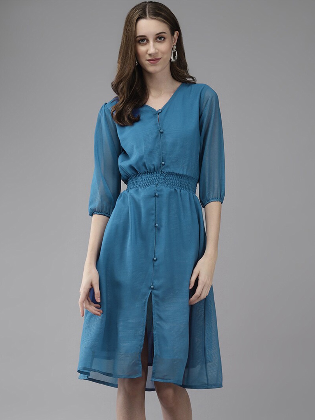 

BAESD Puff Sleeves Smocked Georgette Fit & Flare Dress, Teal