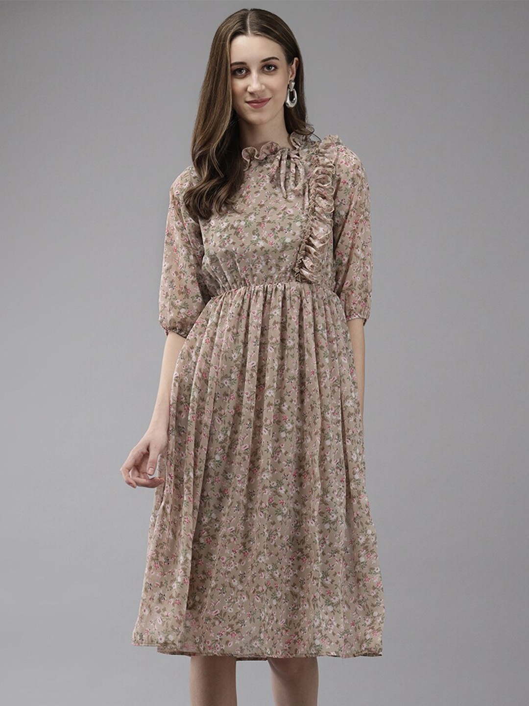 

BAESD Ethnic Motifs Print Georgette A-Line Dress, Beige