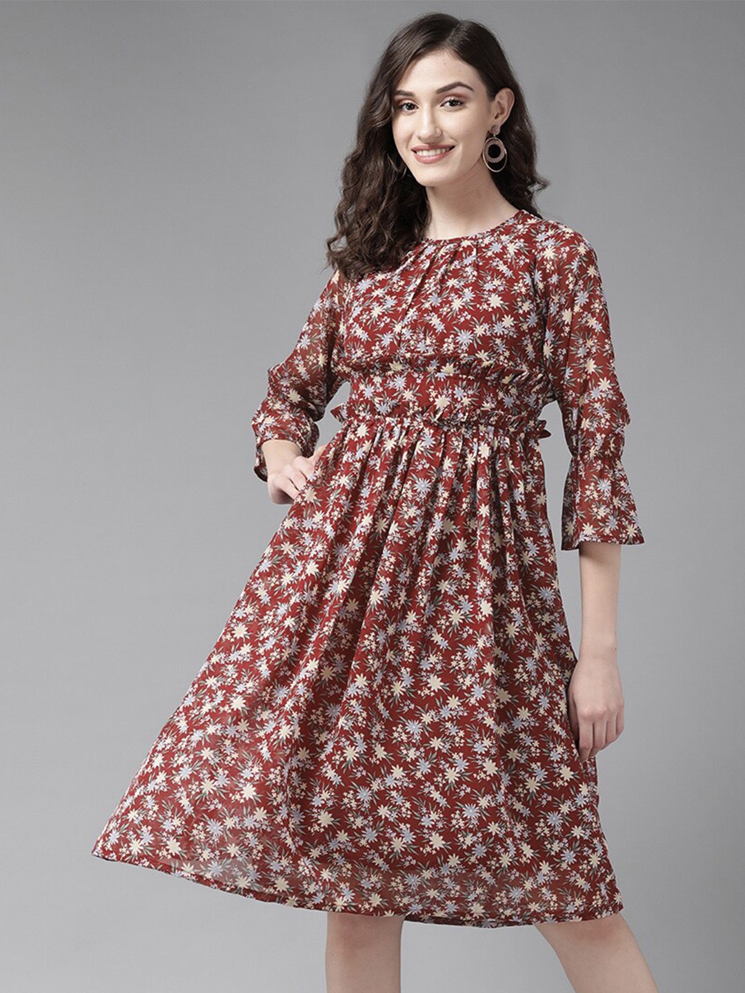 BAESD Maroon Floral Printed Bell Sleeve Fit and Flare Dress
