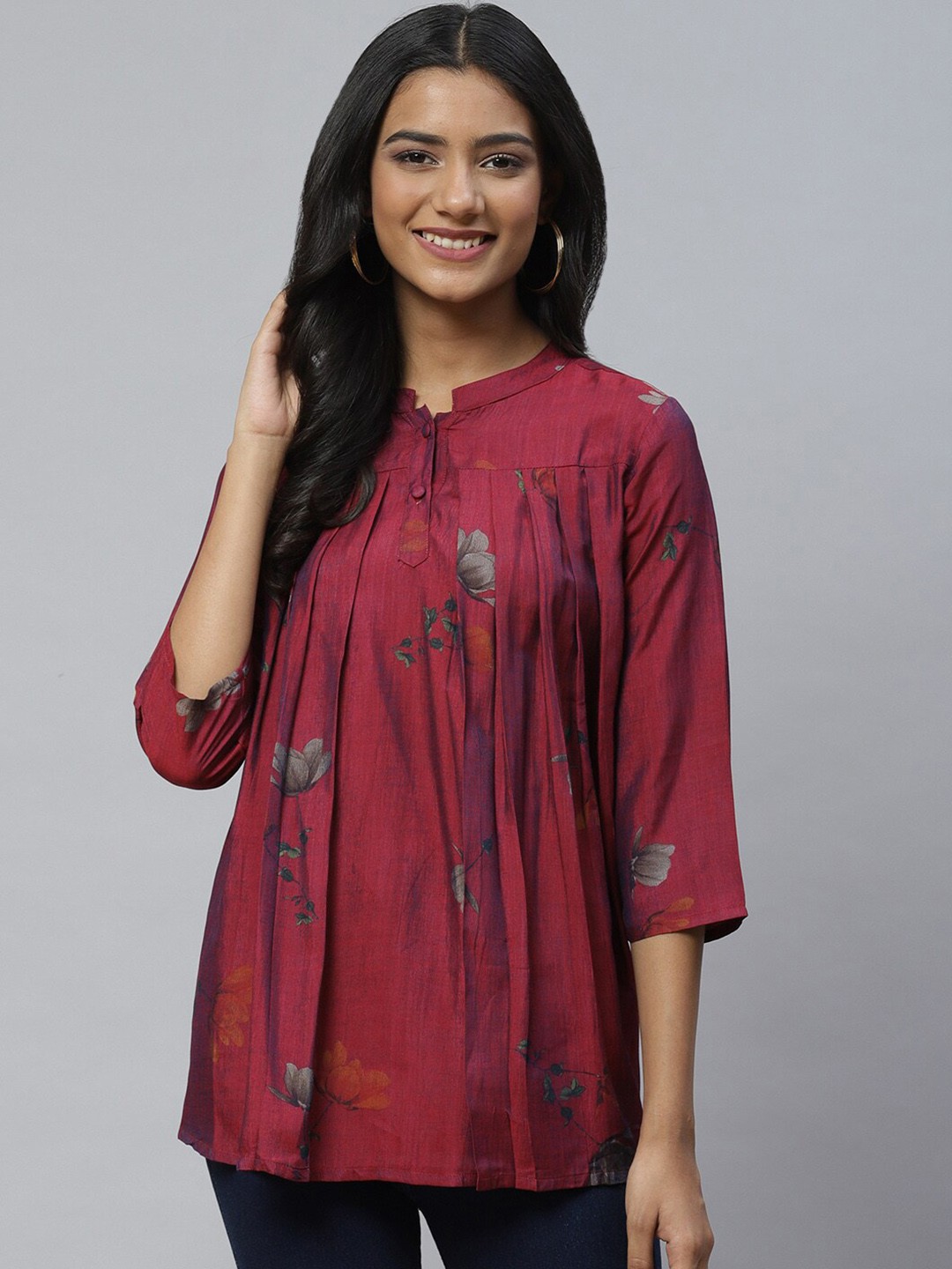 

BAESD Floral Print Mandarin Collar Cotton Top, Burgundy