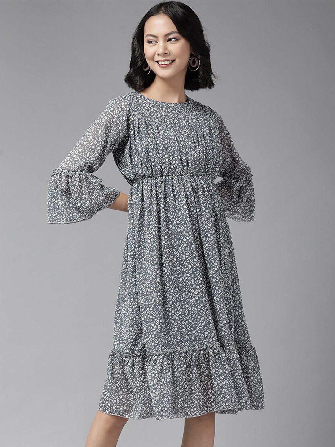 

BAESD Floral Printed Georgette Fit and Flare Dress, Grey