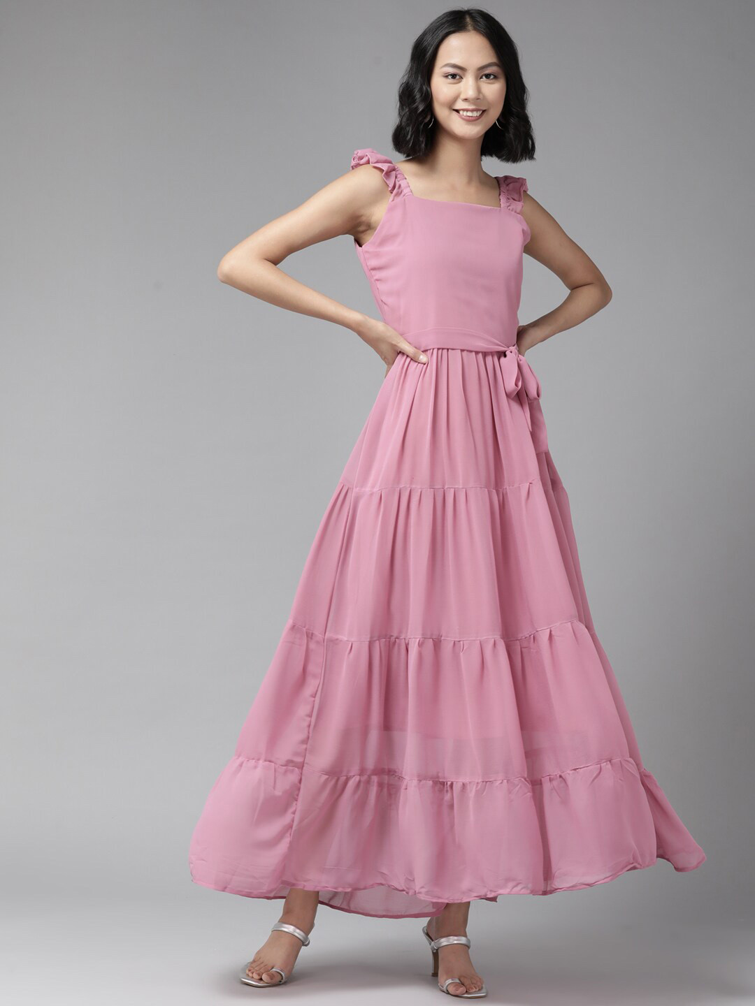 

BAESD Georgette Tiered Fit and Flare Dress, Pink