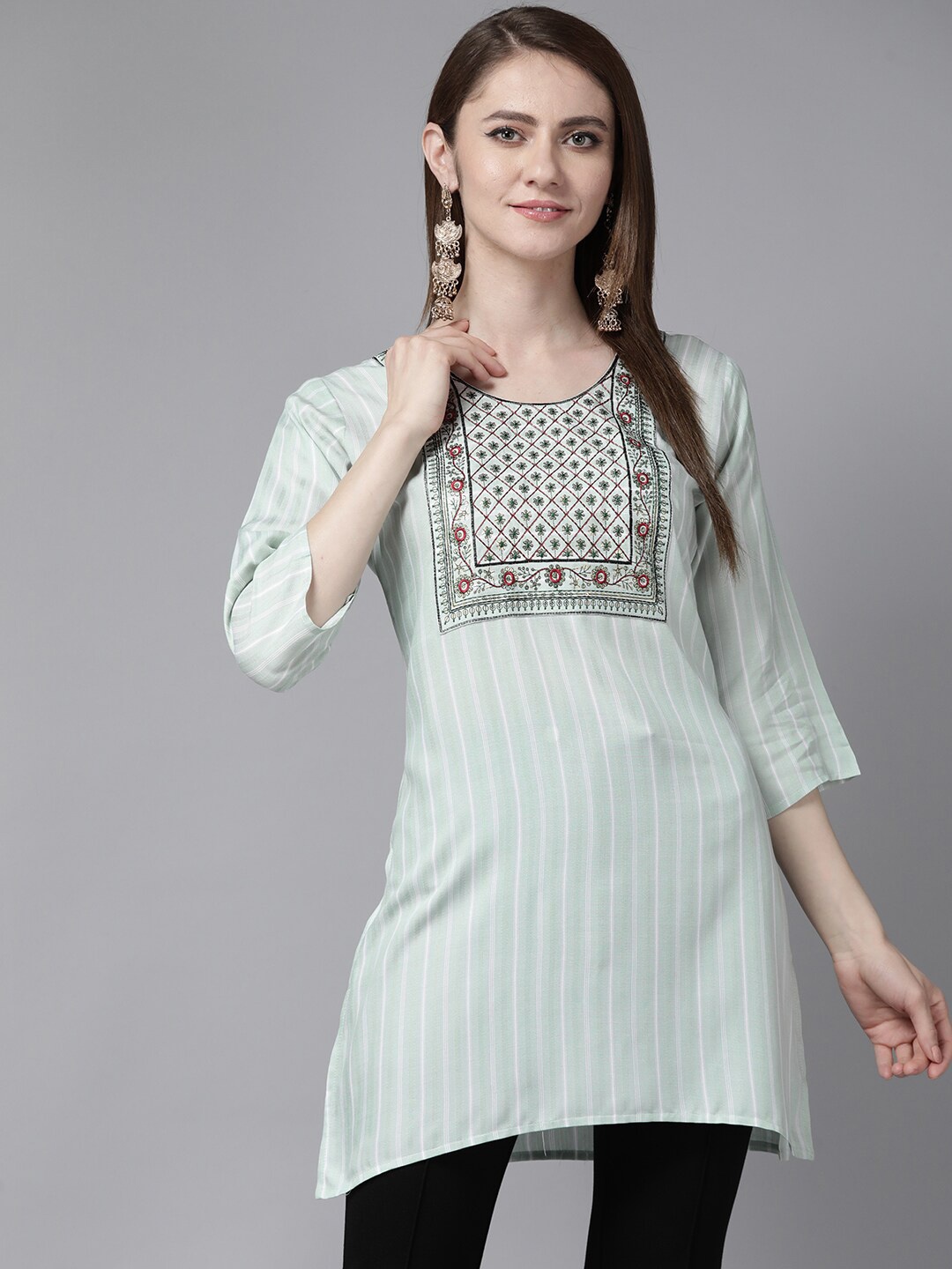 

BAESD Striped Thread Work Detailed Straight Pure Cotton Kurti, Green