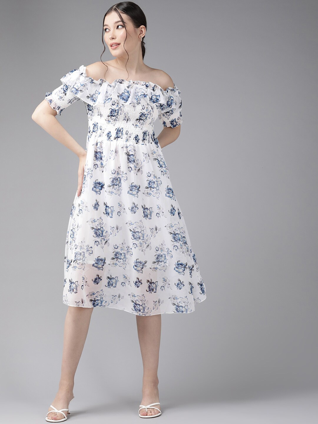 

BAESD Floral Printed Georgette Peplum Dress, White